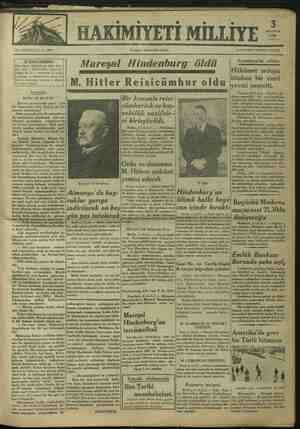 Hakimiyet-i Milliye Gazetesi 3 Ağustos 1934 kapağı