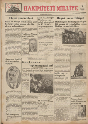 Hakimiyet-i Milliye Gazetesi 9 Ağustos 1934 kapağı