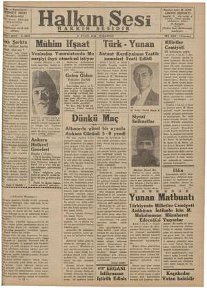 Halkın Sesi Gazetesi 8 Eylül 1934 kapağı