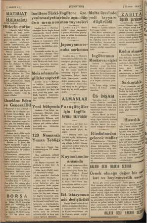        I SAHIFE 4 J MATBUAT İngiltere Türki-! IHALRIN SESİ) Hülâsalari ENI SABAH: nüseyin Cahit Yalçın Führer bu sene içinde