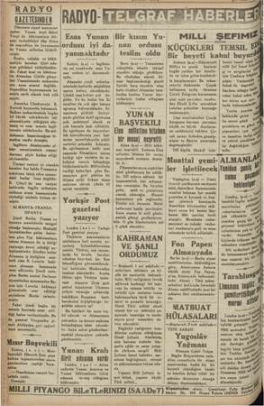  RADYO GAZETESİNDEN Dünyanın siyasi mabzarası şudur: Yunan kralı ikinci Yorgi ile hükümetinin Ati- ban terkettikleri dün...