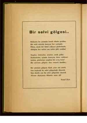    Bir selvi gölgesi.. Ruhumu bu çarmıha kendi elimle gerdim: Bir nebi ıztırabı kanıyor her yerimde, Ölüm, siyah bir tütsü...