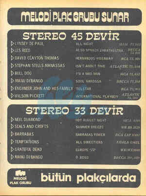  m:ı.onipı.nı: GRUBU SURAR STEREO 45 DEVİR DLYNSEY DE PAUL DLES REED D DAVID CLAYTON THOMAS D STEPHAN STILLS MANASSAS DBULLDOG