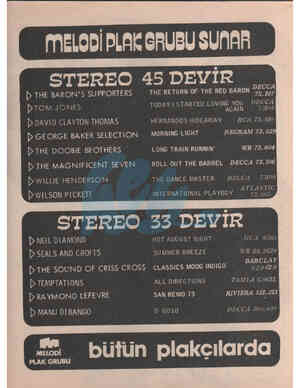  MELODİ PLAK GRUBU SUNAR STEREO 45 DEVİR D THE BARON'S SUPPORTERS DTOM JONES D DAVID CLAYTON THOMAS D GEORGE BAKER SELECTION D