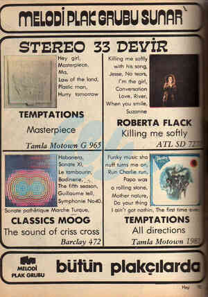  MELODİ PLAK GRUBU SUNAR | STEREO 33 DEYİR Killing me softly with his song, Jesse, No tears, Law of the land, Plastic man,...