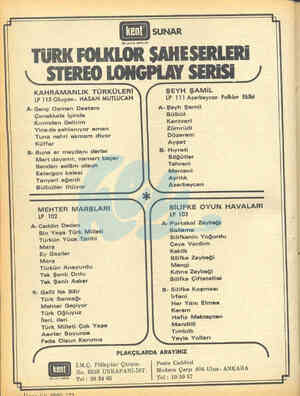  SUNAR BES va PLAK ENGÜSTRİSİ TÜRK FOLKLOR ŞAHESERLERİ STEREO LONGPLAY SERİSİ KAHRAMANLIK TÜRKÜLERİ LP 115 Okuyanı HASAN...