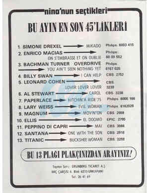  nino'nun seçtikleri BU AYIN EN SON 45'LİKLERİ 1. SİMONE DREXEL —— MIKADO Phılıps. 6003 415 2. ENRICO MACIAS ——— Philips:. ON