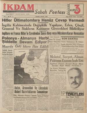 İkdam (Sabah Postası) Gazetesi 3 Eylül 1939 kapağı