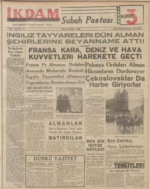 İkdam (Sabah Postası) Gazetesi 5 Eylül 1939 kapağı