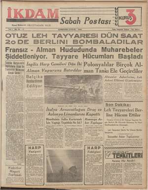 İkdam (Sabah Postası) Gazetesi 6 Eylül 1939 kapağı