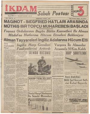 İkdam (Sabah Postası) Gazetesi 7 Eylül 1939 kapağı