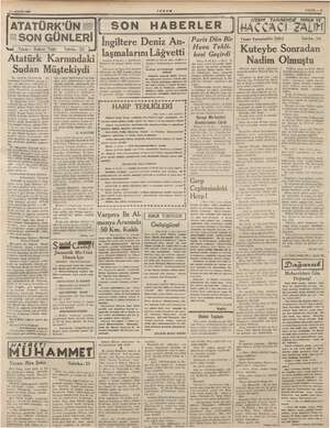    1 EYLÜL 199 İKDAM SAYFA —3 ATATÜRW'ÜN SSON GÜNLERİ | tam) Yazan: Rahmi Yağız Atatürk Karnındaki Sudan Müştekiydi u | ftan