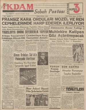İkdam (Sabah Postası) Gazetesi 8 Eylül 1939 kapağı