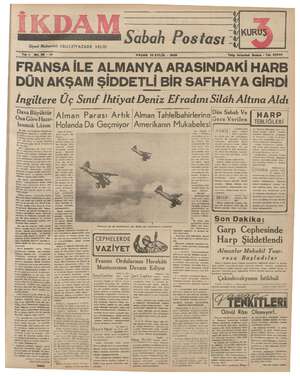 İkdam (Sabah Postası) Gazetesi 10 Eylül 1939 kapağı