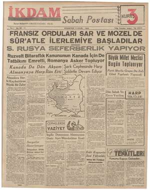 İkdam (Sabah Postası) Gazetesi 11 Eylül 1939 kapağı