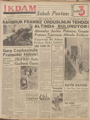 İkdam (Sabah Postası) Gazetesi 15 Eylül 1939 kapağı