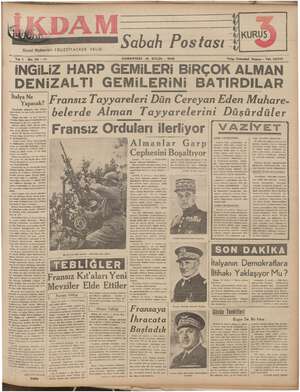 İkdam (Sabah Postası) Gazetesi 16 Eylül 1939 kapağı