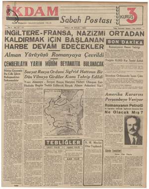 İkdam (Sabah Postası) Gazetesi 19 Eylül 1939 kapağı