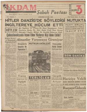 İkdam (Sabah Postası) Gazetesi 20 Eylül 1939 kapağı