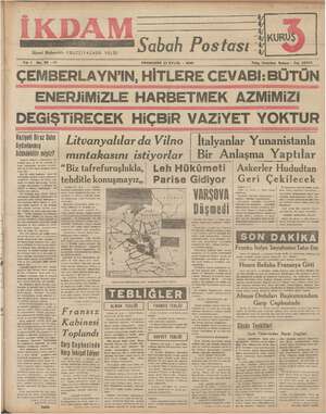 İkdam (Sabah Postası) Gazetesi 21 Eylül 1939 kapağı