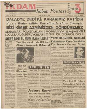 İkdam (Sabah Postası) Gazetesi 22 Eylül 1939 kapağı