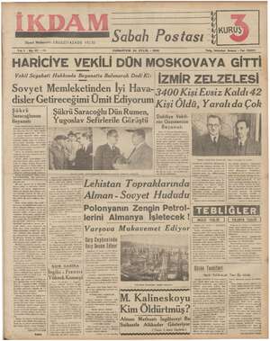 İkdam (Sabah Postası) Gazetesi 23 Eylül 1939 kapağı