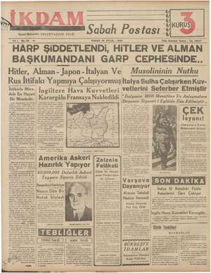 İkdam (Sabah Postası) Gazetesi 24 Eylül 1939 kapağı