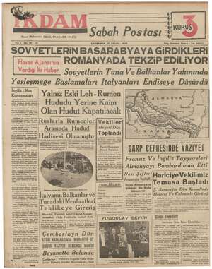 İkdam (Sabah Postası) Gazetesi 27 Eylül 1939 kapağı