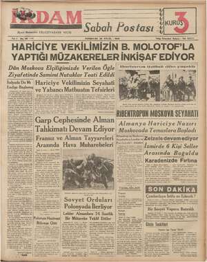 İkdam (Sabah Postası) Gazetesi 28 Eylül 1939 kapağı