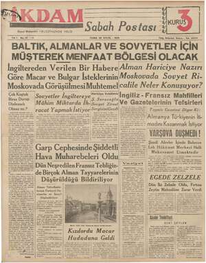 İkdam (Sabah Postası) Gazetesi 29 Eylül 1939 kapağı