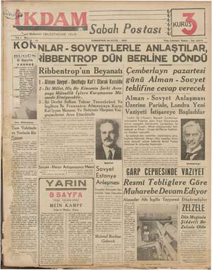 İkdam (Sabah Postası) Gazetesi 30 Eylül 1939 kapağı