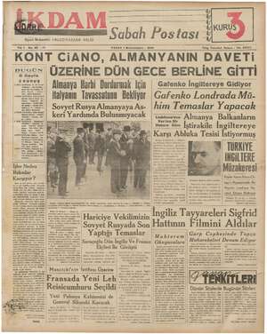 İkdam (Sabah Postası) Gazetesi 1 Ekim 1939 kapağı