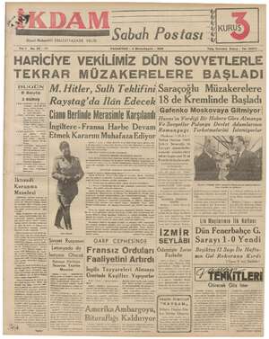 İkdam (Sabah Postası) Gazetesi 2 Ekim 1939 kapağı