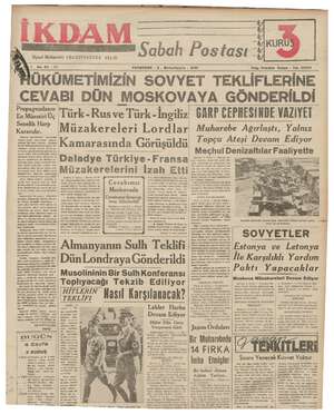 İkdam (Sabah Postası) Gazetesi 5 Ekim 1939 kapağı