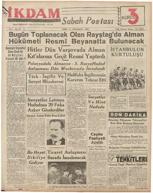 İkdam (Sabah Postası) Gazetesi 6 Ekim 1939 kapağı