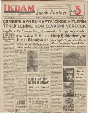 İkdam (Sabah Postası) Gazetesi 8 Ekim 1939 kapağı