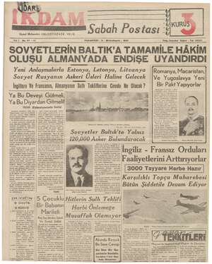 İkdam (Sabah Postası) Gazetesi 9 Ekim 1939 kapağı