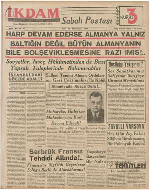 İkdam (Sabah Postası) Gazetesi 10 Ekim 1939 kapağı