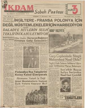 İkdam (Sabah Postası) Gazetesi 11 Ekim 1939 kapağı