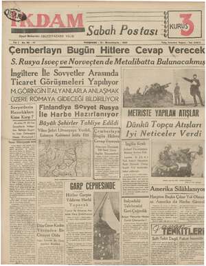 İkdam (Sabah Postası) Gazetesi 12 Ekim 1939 kapağı