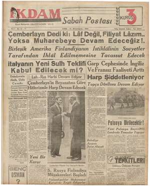 İkdam (Sabah Postası) Gazetesi 13 Ekim 1939 kapağı