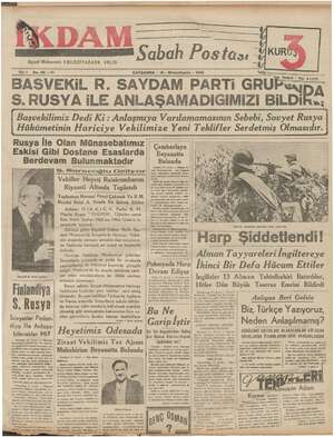 İkdam (Sabah Postası) Gazetesi 18 Ekim 1939 kapağı