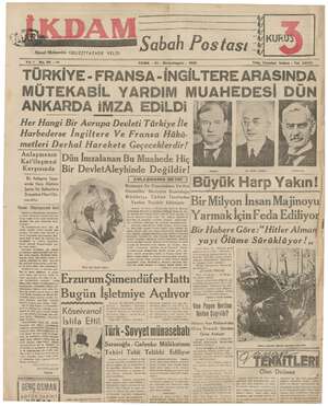 İkdam (Sabah Postası) Gazetesi 20 Ekim 1939 kapağı
