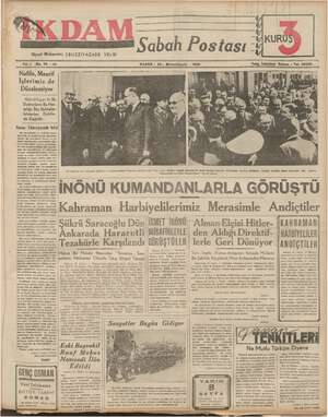İkdam (Sabah Postası) Gazetesi 22 Ekim 1939 kapağı