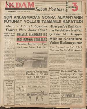 İkdam (Sabah Postası) Gazetesi 23 Ekim 1939 kapağı