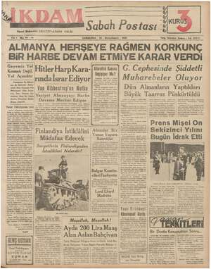 İkdam (Sabah Postası) Gazetesi 25 Ekim 1939 kapağı