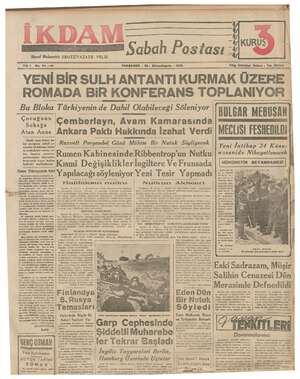İkdam (Sabah Postası) Gazetesi 26 Ekim 1939 kapağı