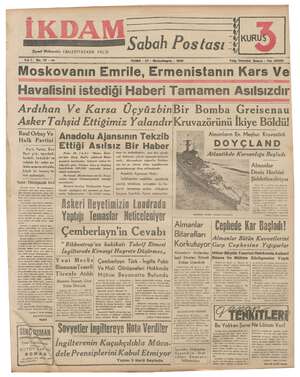 İkdam (Sabah Postası) Gazetesi 27 Ekim 1939 kapağı