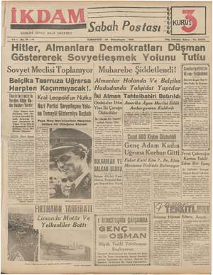İkdam (Sabah Postası) Gazetesi 28 Ekim 1939 kapağı
