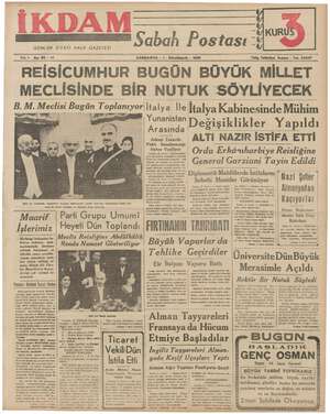 İkdam (Sabah Postası) Gazetesi 1 Kasım 1939 kapağı